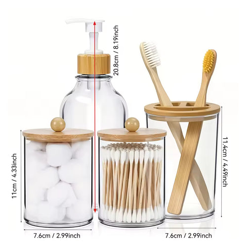 4-Piece Modern Bathroom Set – Acrylic Soap Dispenser, Toothbrush Holder, Cotton Swab Jar & Cotton Ball Container with Bamboo Lids | Bathroom Organization Essentials