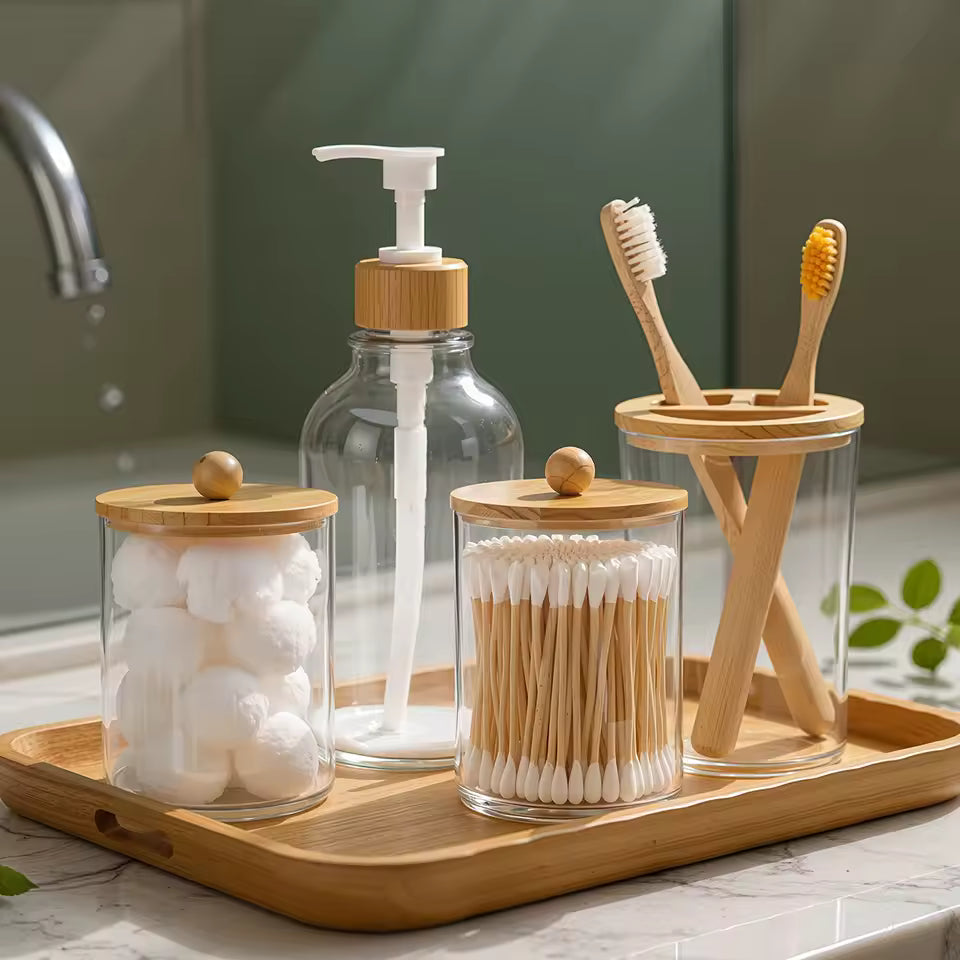4-Piece Modern Bathroom Set – Acrylic Soap Dispenser, Toothbrush Holder, Cotton Swab Jar & Cotton Ball Container with Bamboo Lids | Bathroom Organization Essentials