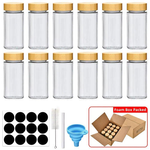12-Piece Glass Spice Jars Set – Bamboo Lids, Minimalist Stickers & Foldable Funnel for Kitchen Organization