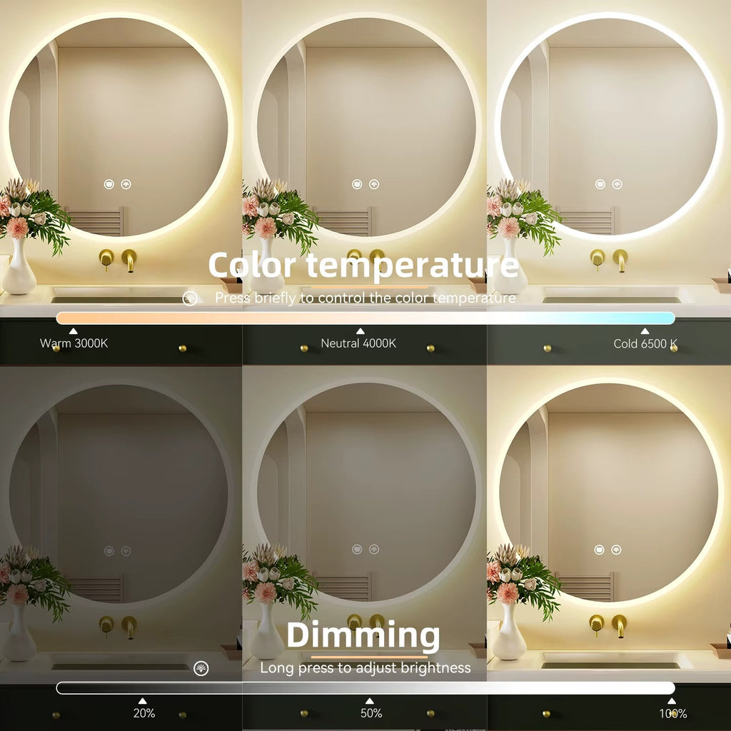 Round LED Bathroom Mirror with Anti-Fog System – Dimmable Lighted Wall Makeup Mirror