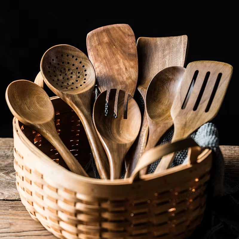 Teak Wood Kitchen Utensil Set – 9-Piece Wooden Cooking Tools with Utensil Holder