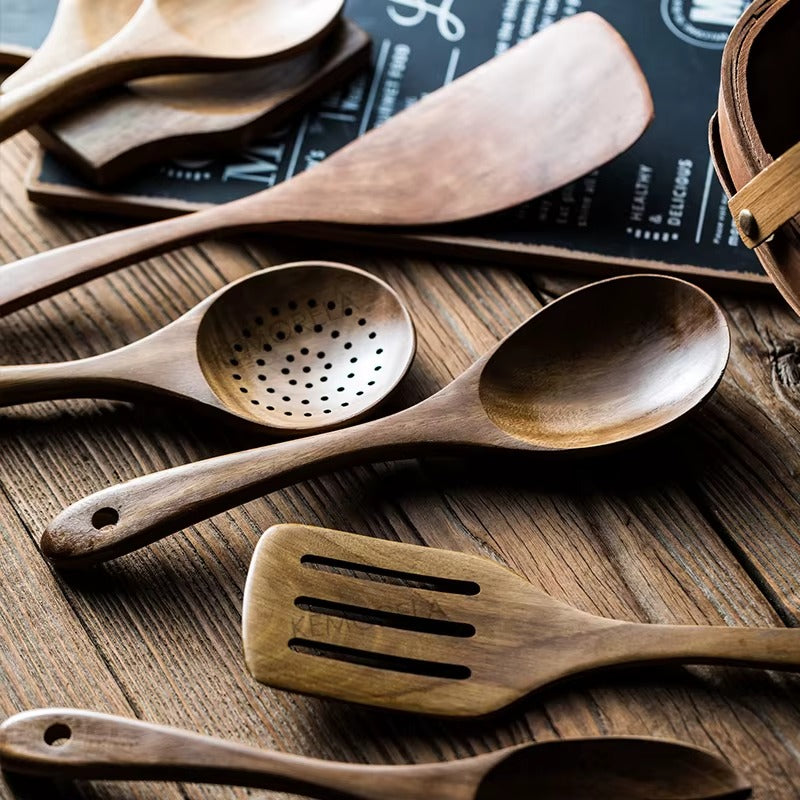 Teak Wood Kitchen Utensil Set – 9-Piece Wooden Cooking Tools with Utensil Holder