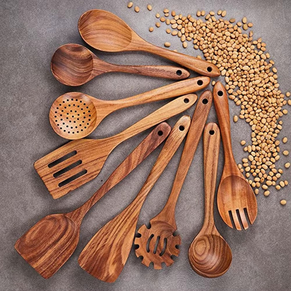 Teak Wooden Kitchen Utensils Set – Natural Cooking Spoons & Accessories for a Stylish Kitchen