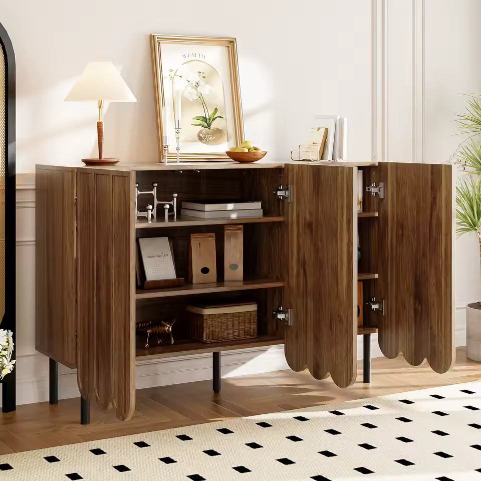 Modern sideboard in wood color with wave doors – 120x35x80 cm – handleless, adjustable shelves – storage space for living room