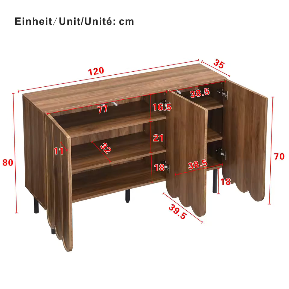 Modern sideboard in wood color with wave doors – 120x35x80 cm – handleless, adjustable shelves – storage space for living room