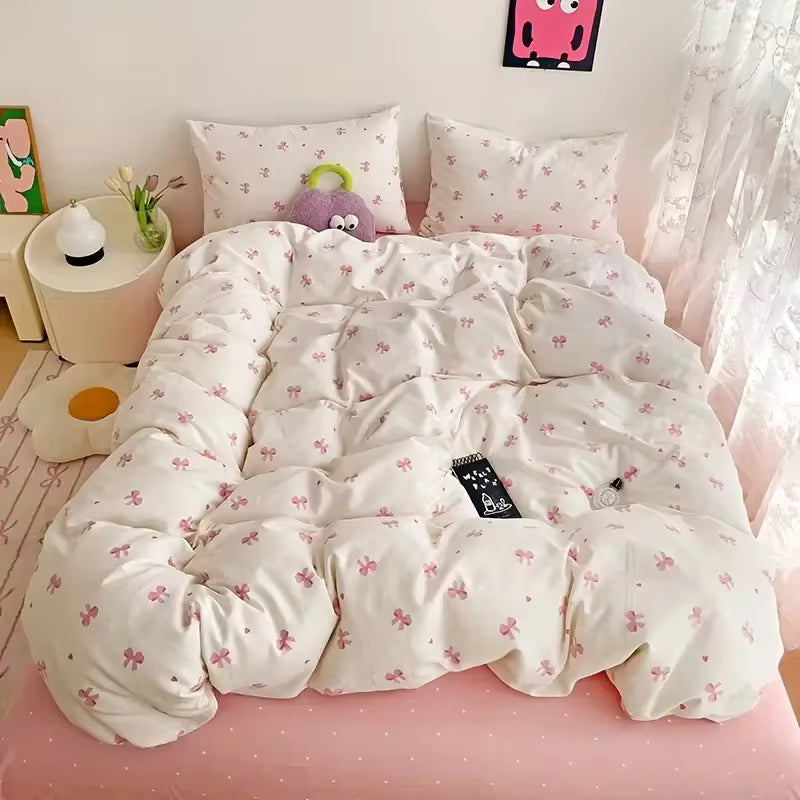 3-Piece Pink Bow Bedding Set – Breathable Duvet Cover with 2 Pillowcases, Comfortable All-Season Bed Linen
