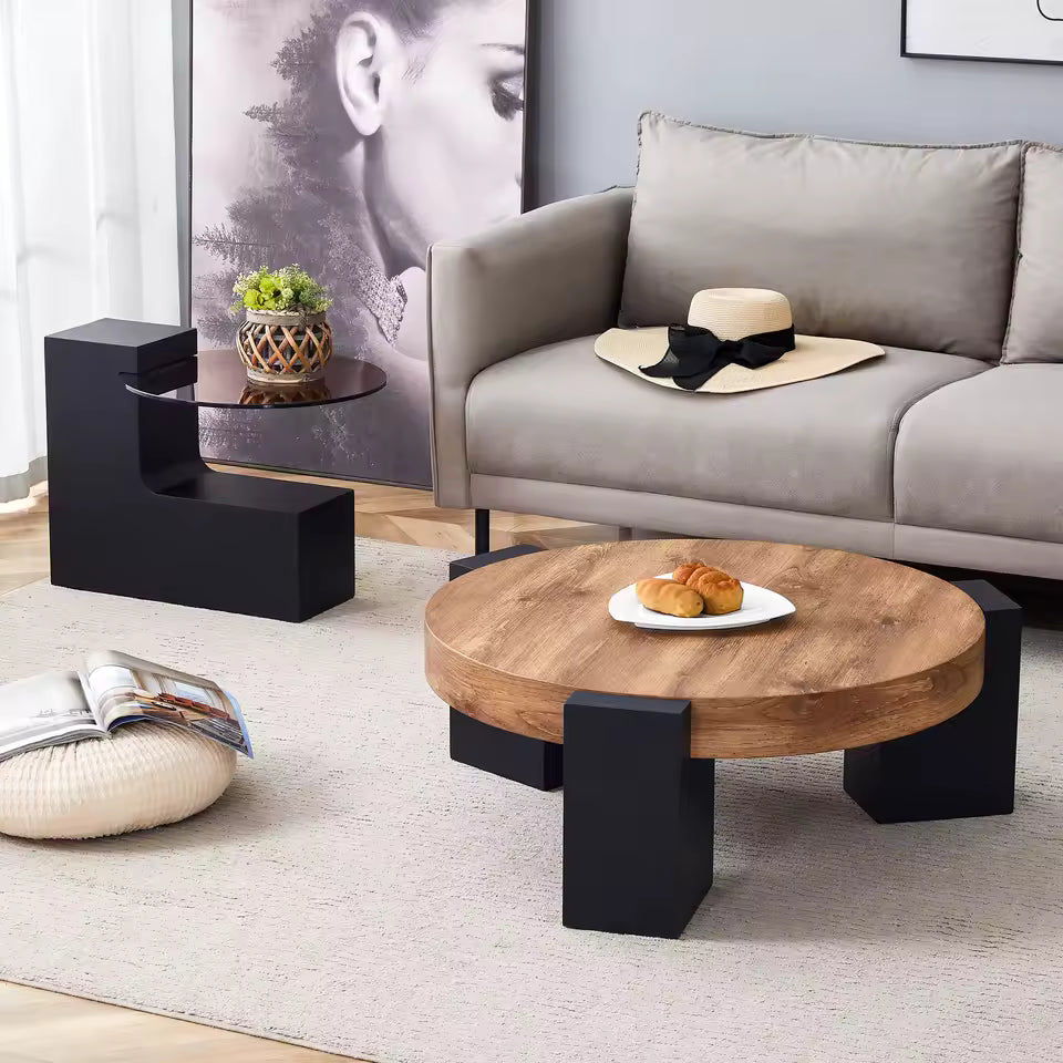 Modern Round Two-Tier Coffee Table – Brown Glass Top with Black MDF L-Shaped Legs, 61x30 & 44x44x39cm
