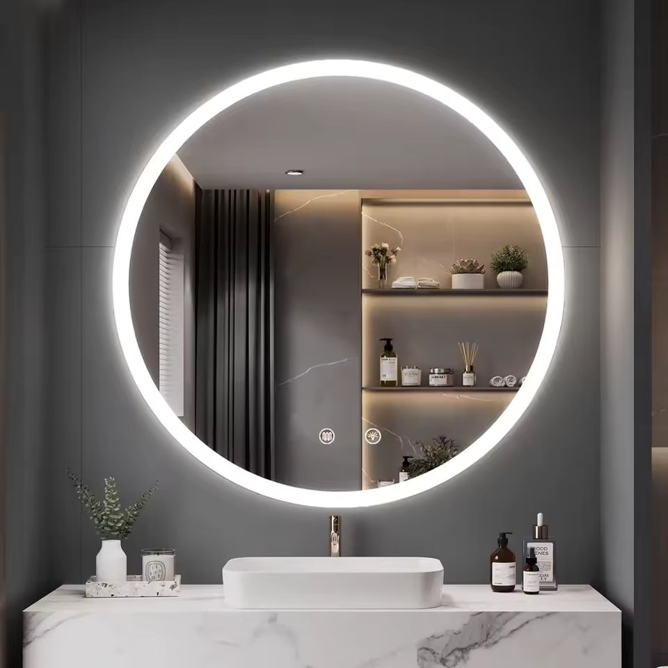 Round LED Bathroom Mirror with Anti-Fog System – Dimmable Lighted Wall Makeup Mirror