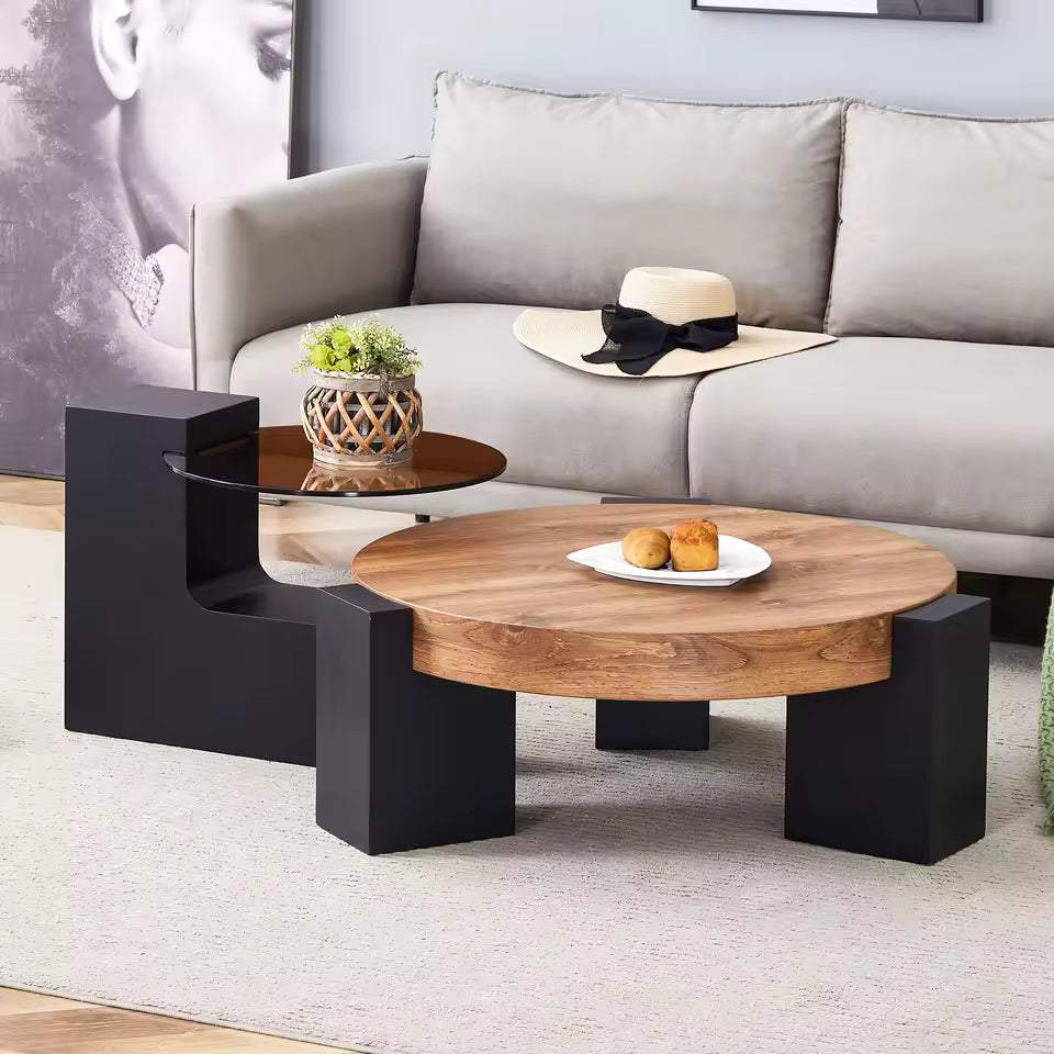 Modern Round Two-Tier Coffee Table – Brown Glass Top with Black MDF L-Shaped Legs, 61x30 & 44x44x39cm