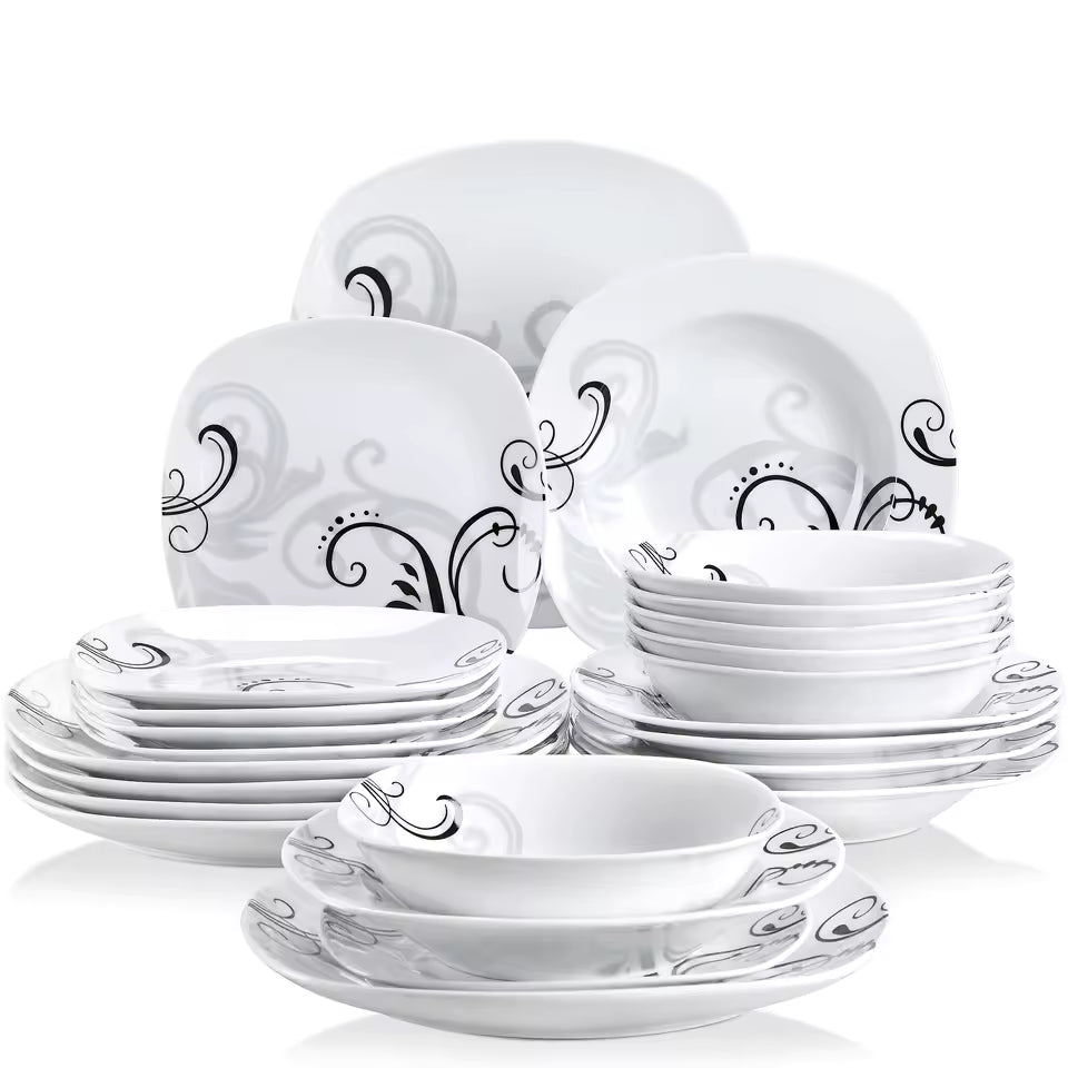 24/48-Piece Porcelain Dinnerware Set – Black Decal Plates, Bowls & Dessert Plates