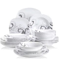 24/48-Piece Porcelain Dinnerware Set – Black Decal Plates, Bowls & Dessert Plates