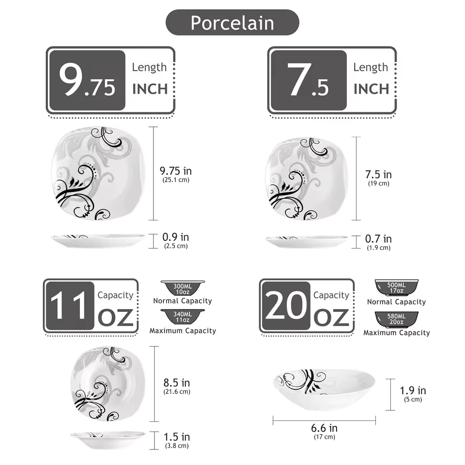 24/48-Piece Porcelain Dinnerware Set – Black Decal Plates, Bowls & Dessert Plates