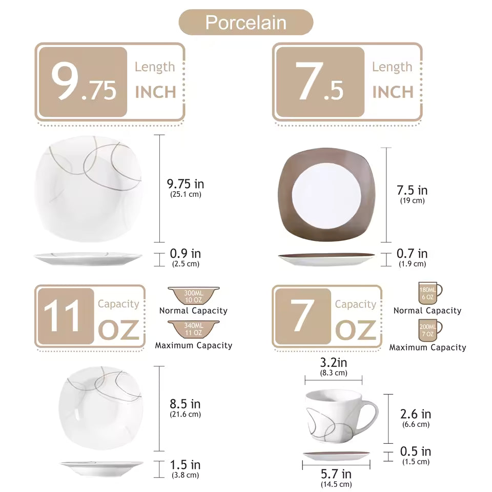 30-Piece Ceramic & Porcelain Dinnerware Set – Plates, Bowls, Cups for 6 People with Elegant Brown Line Design