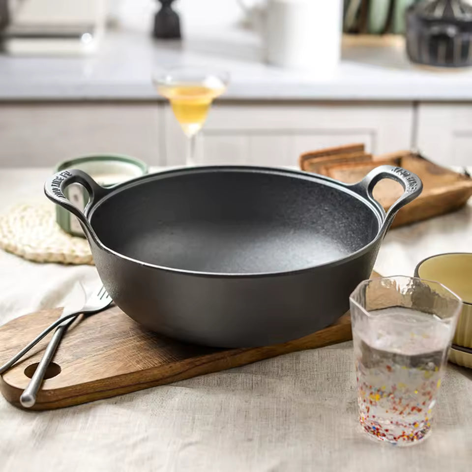 Japanese-Style Nonstick Soup Pot with Wooden Lid – Cast Iron, Double Handles