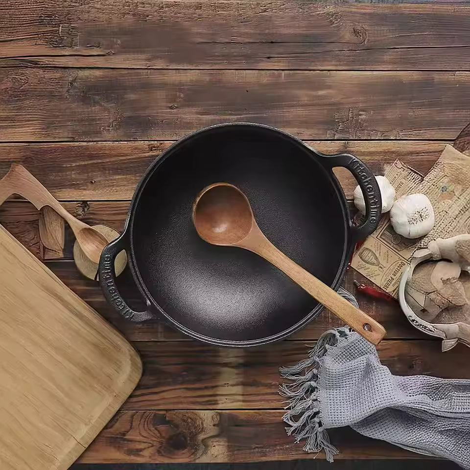 Japanese-Style Nonstick Soup Pot with Wooden Lid – Cast Iron, Double Handles