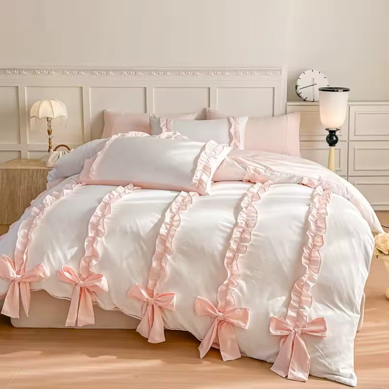 3-Piece Pink Bow Bedding Set – Comfortable Duvet Cover with Pillowcases, All-Season Bed Linen