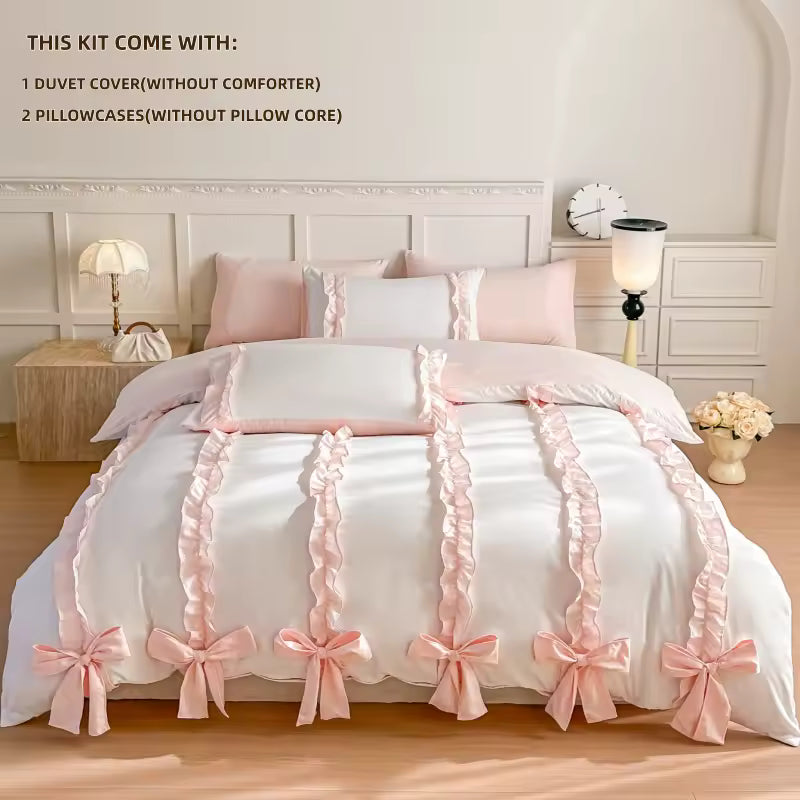 3-Piece Pink Bow Bedding Set – Comfortable Duvet Cover with Pillowcases, All-Season Bed Linen