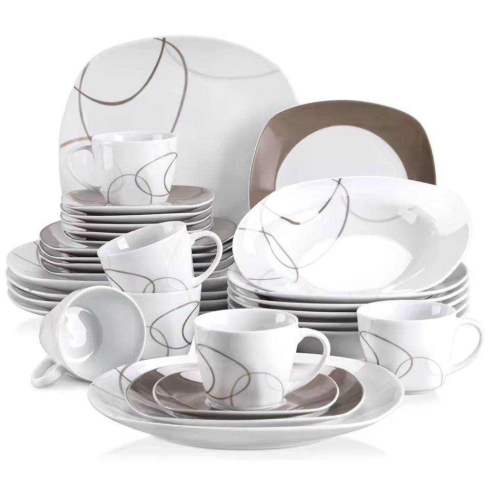 30-Piece Ceramic & Porcelain Dinnerware Set – Plates, Bowls, Cups for 6 People with Elegant Brown Line Design