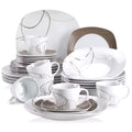 30-Piece Ceramic & Porcelain Dinnerware Set – Plates, Bowls, Cups for 6 People with Elegant Brown Line Design
