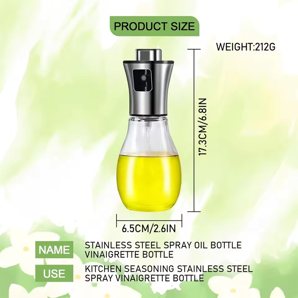 200ml Precision Oil Spray Bottle – Stainless Steel & Glass Cooking Oil Mister with Funnel