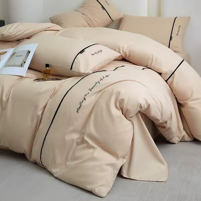 Washed Cotton 4-Piece Bedding Set – Solid Color Embroidered Ribbon, Soft Sheets & Fitted Sheet, 2025 Collection