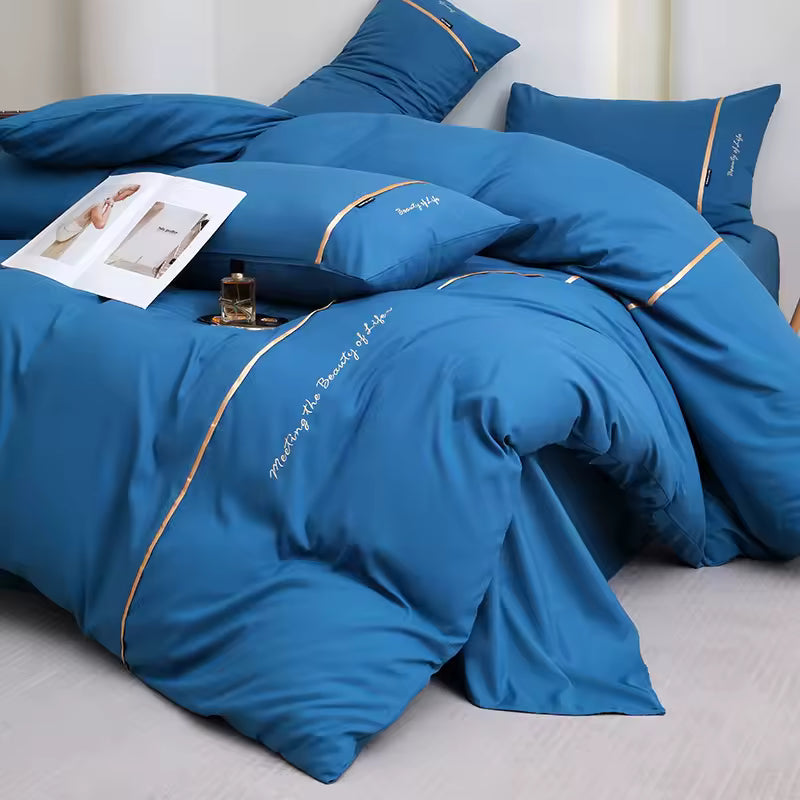 Washed Cotton 4-Piece Bedding Set – Solid Color Embroidered Ribbon, Soft Sheets & Fitted Sheet, 2025 Collection