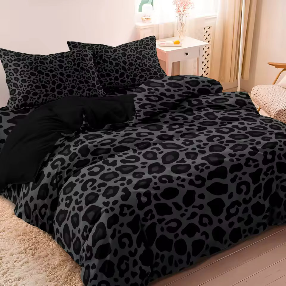 Dark Leopard Print Bedding Set – 3-Piece Luxury Duvet Cover with Pillowcases, High-Definition Animal Print Bed Linen