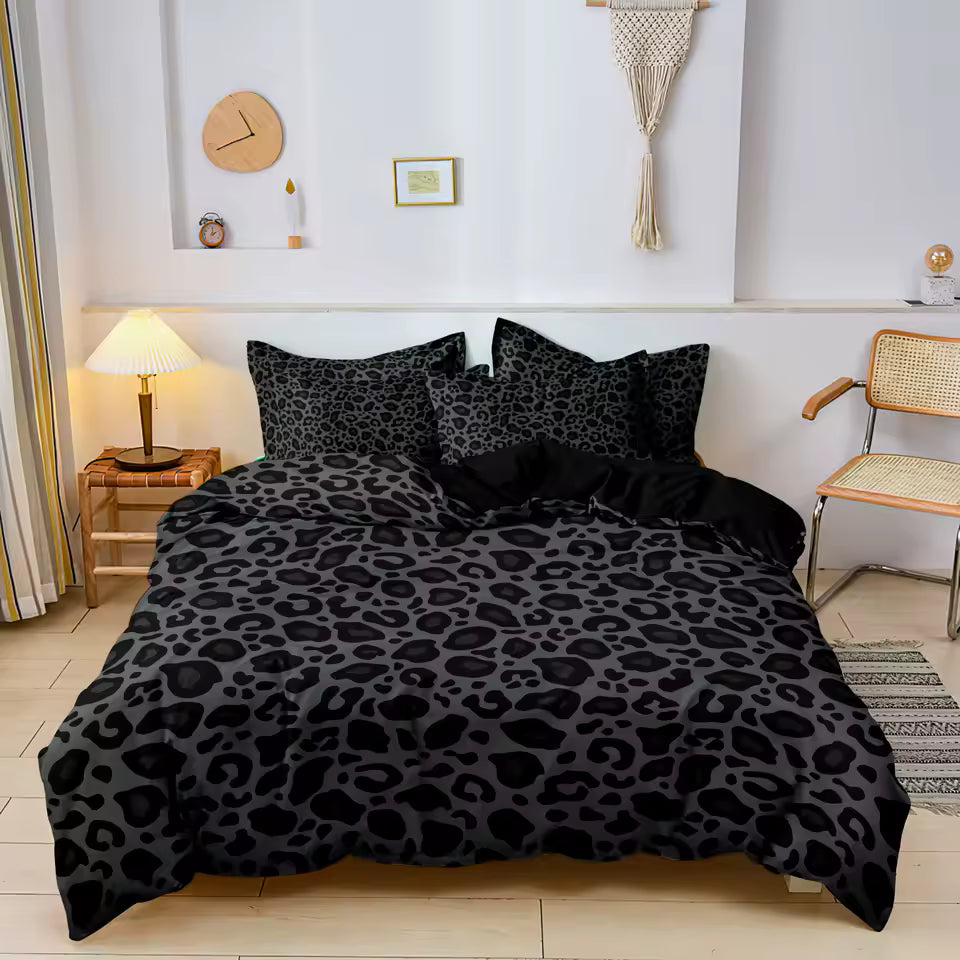 Dark Leopard Print Bedding Set – 3-Piece Luxury Duvet Cover with Pillowcases, High-Definition Animal Print Bed Linen
