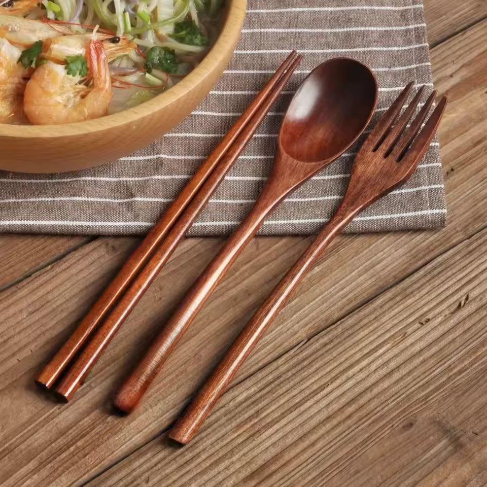 Portable Wooden Cutlery Set – Eco-Friendly Fork, Spoon & Chopsticks for Travel, Dining & Gifts