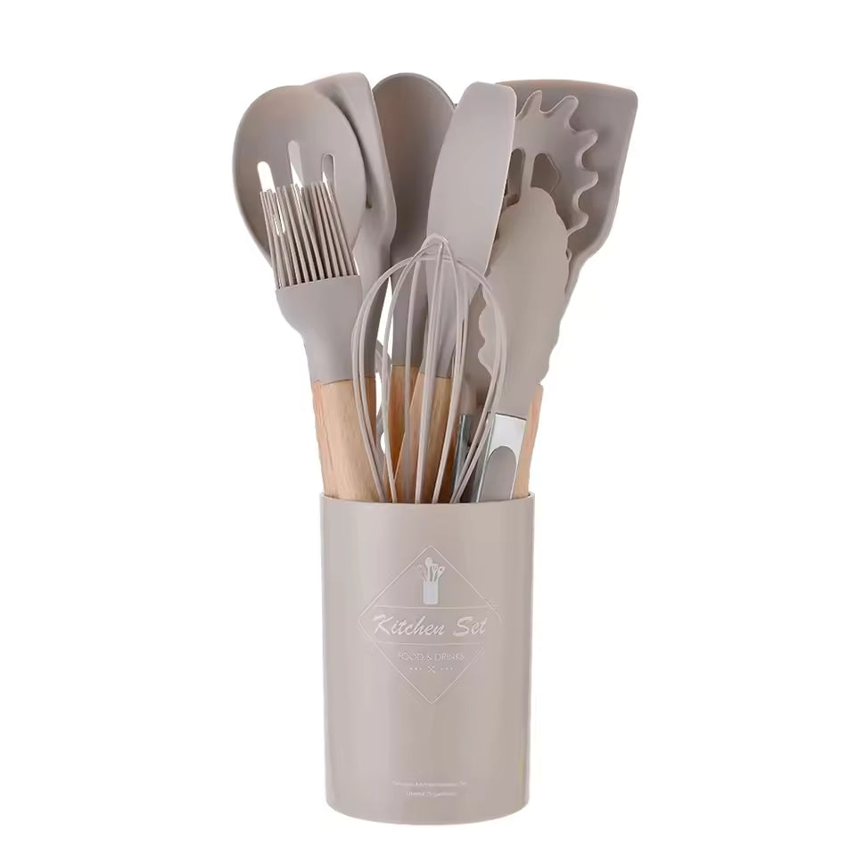 Non-Stick Silicone Kitchen Utensil Set – 12-Piece Cooking Tool Set with Wooden Handles | Heat-Resistant Spatula, Ladle, Whisk & Turners | Modern Kitchen Essentials