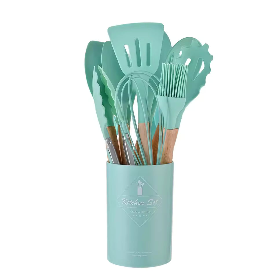 Non-Stick Silicone Kitchen Utensil Set – 12-Piece Cooking Tool Set with Wooden Handles | Heat-Resistant Spatula, Ladle, Whisk & Turners | Modern Kitchen Essentials