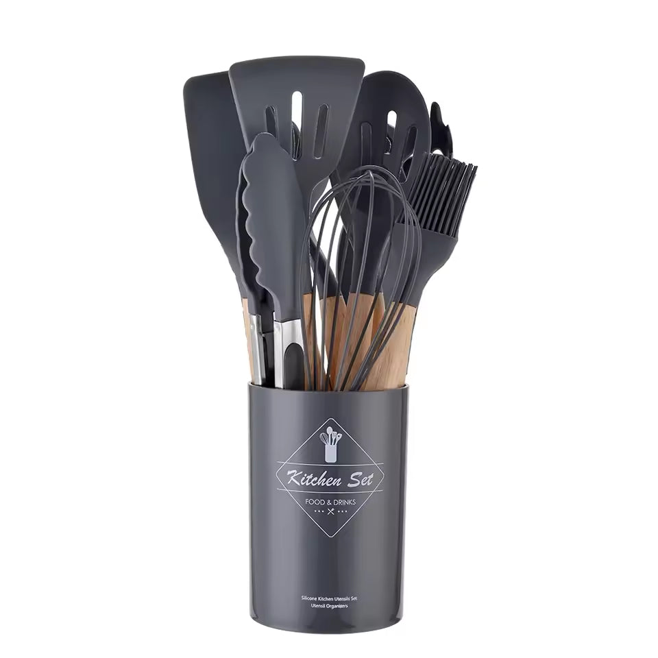 Non-Stick Silicone Kitchen Utensil Set – 12-Piece Cooking Tool Set with Wooden Handles | Heat-Resistant Spatula, Ladle, Whisk & Turners | Modern Kitchen Essentials