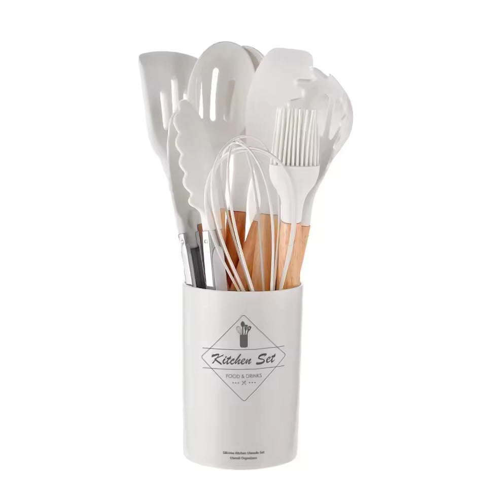Non-Stick Silicone Kitchen Utensil Set – 12-Piece Cooking Tool Set with Wooden Handles | Heat-Resistant Spatula, Ladle, Whisk & Turners | Modern Kitchen Essentials