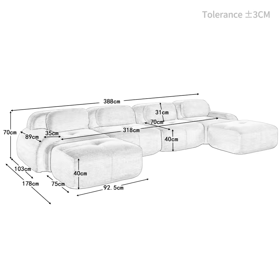 U-Shaped Sofa – No Assembly, Breathable Fabric, Wide Armrests, Pet-Friendly & Ergonomic