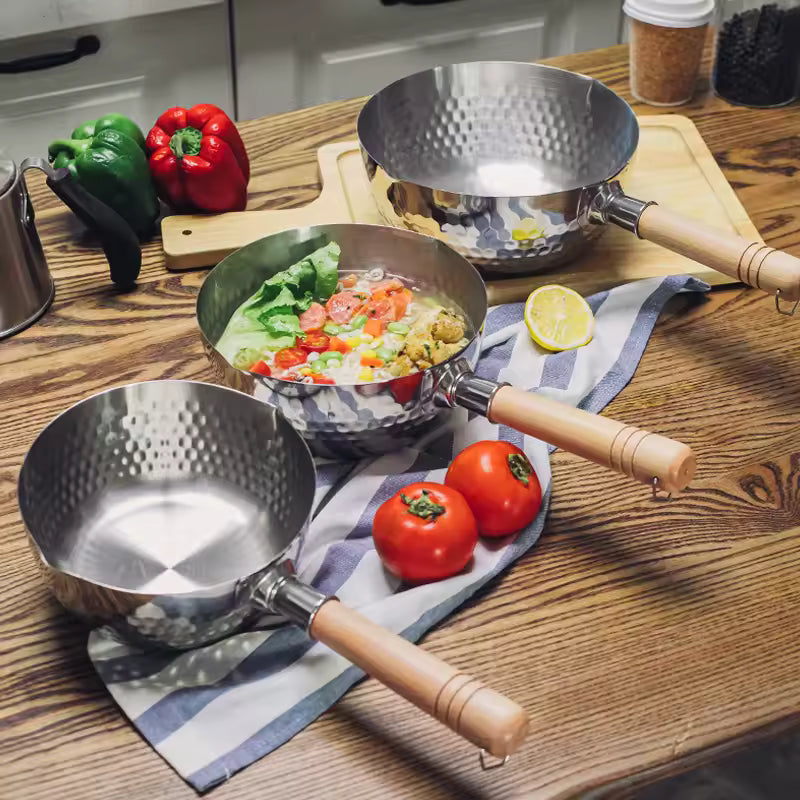 Japanese Stainless Steel Snow Pan with Wooden Handle Lid – Multi-Purpose Cooking Pot