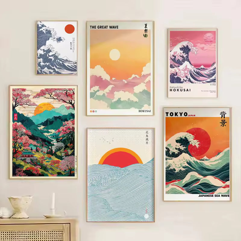 Japanese Mount Fuji Canvas Print – Retro Waves & Sunrise Landscape Poster for Living Room