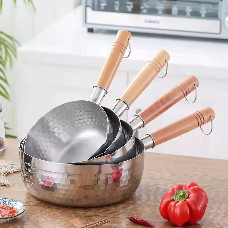 Japanese Stainless Steel Snow Pan with Wooden Handle Lid – Multi-Purpose Cooking Pot