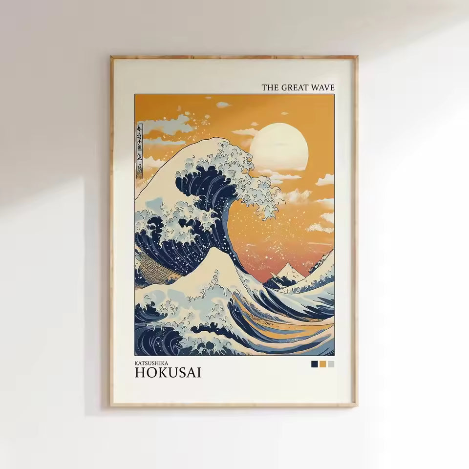 Japanese Mount Fuji Canvas Print – Retro Waves & Sunrise Landscape Poster for Living Room