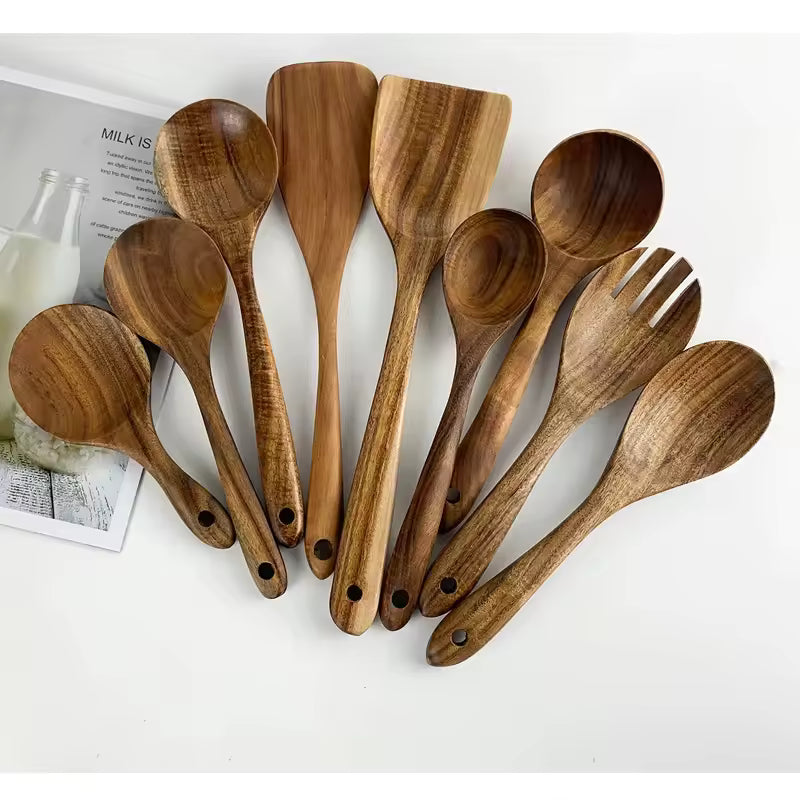 Teak Wooden Kitchen Utensils Set – Natural Cooking Spoons & Accessories for a Stylish Kitchen