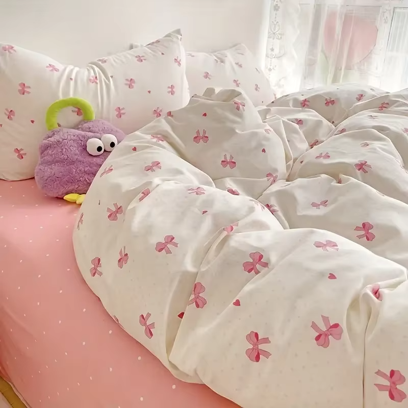 3-Piece Pink Bow Bedding Set – Breathable Duvet Cover with 2 Pillowcases, Comfortable All-Season Bed Linen