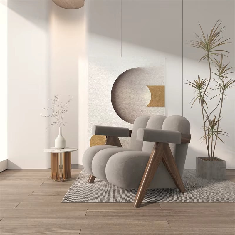 Nordic Wooden Lounge Chair – Modern Fabric Armchair for Living Room & Balcony